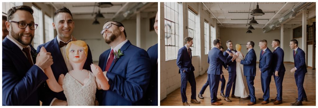 groomsmen being funny at wedding