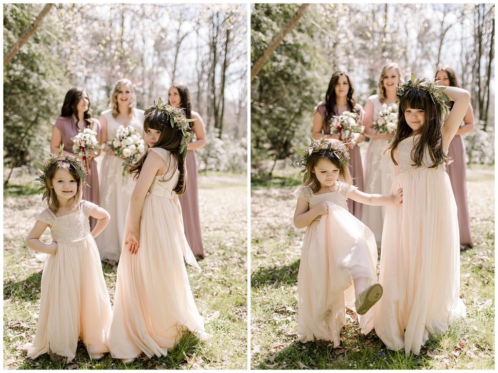 flower girls posing with bridesmaids