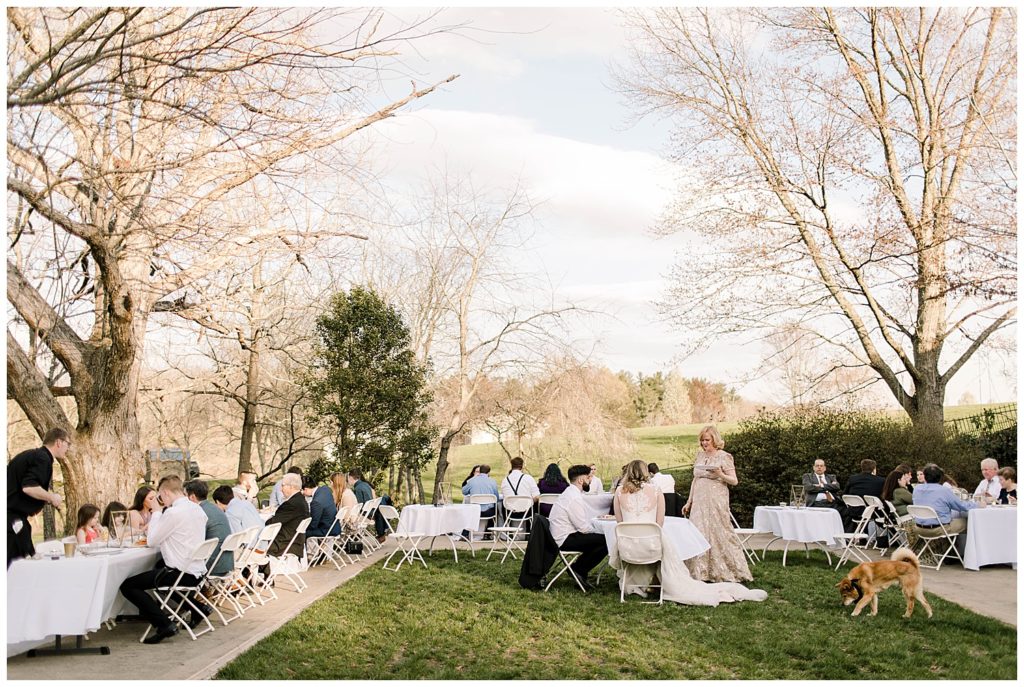 guests eat dinner at back yard wedding reception 