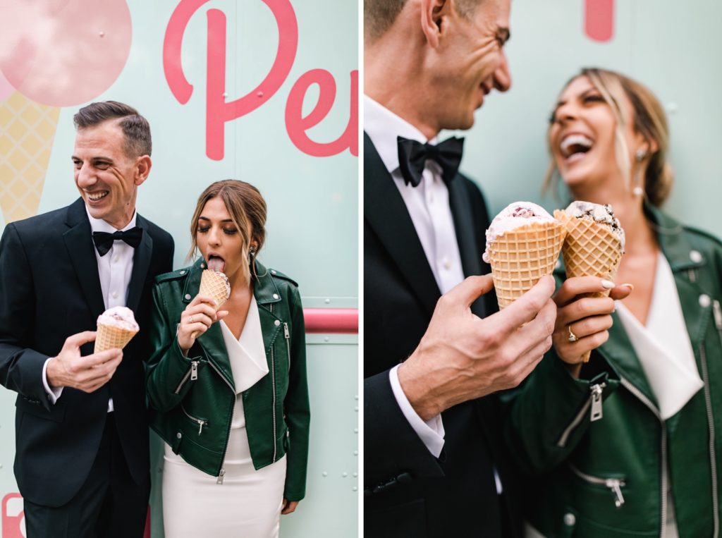 bride and groom eat ice cream at wedding for photos