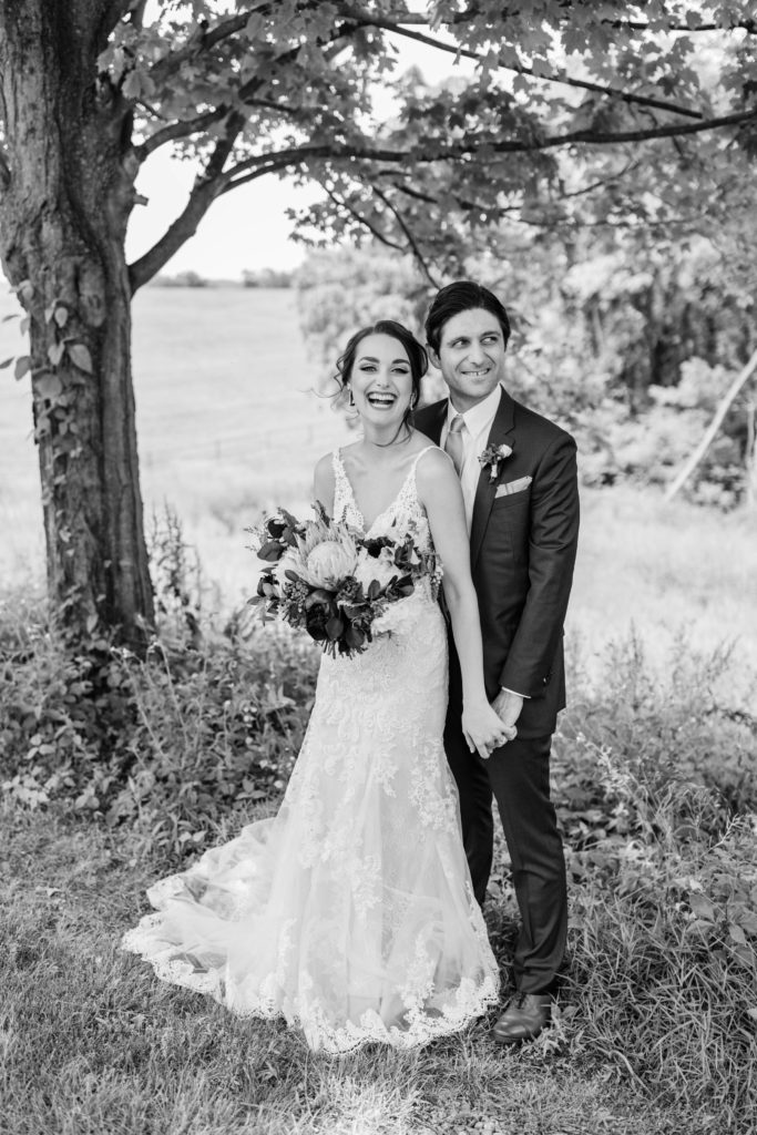 black and white bride and groom wedding portrait