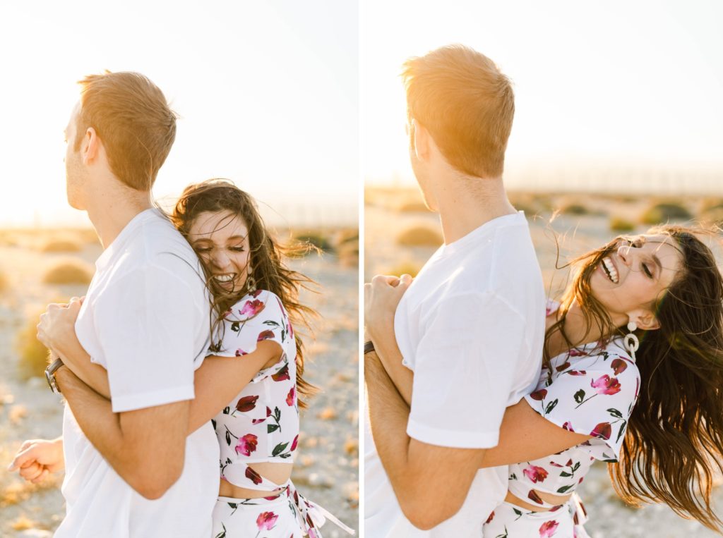 couple laughing in desert for palm springs engagement session