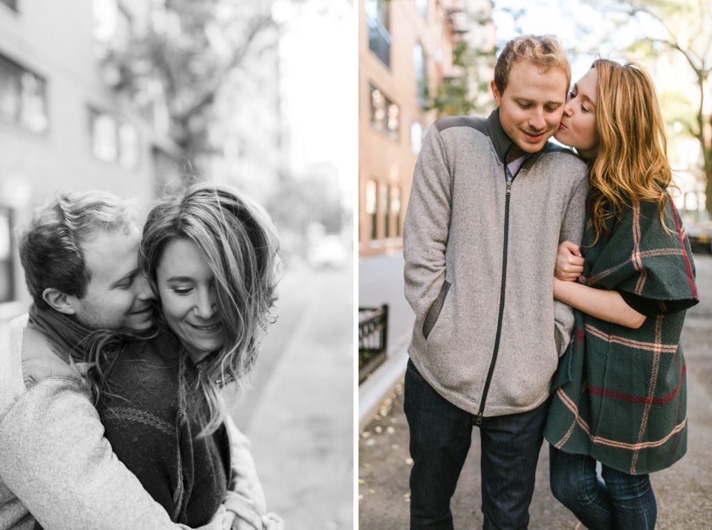 couple pose for engagement session in nyc