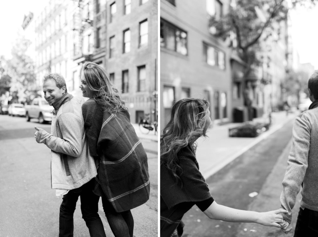 couple pose for engagement session in nyc