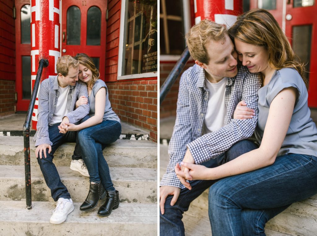 couple pose for nyc engagement session in alley