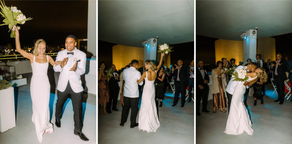 bride and groom walk into wedding reception