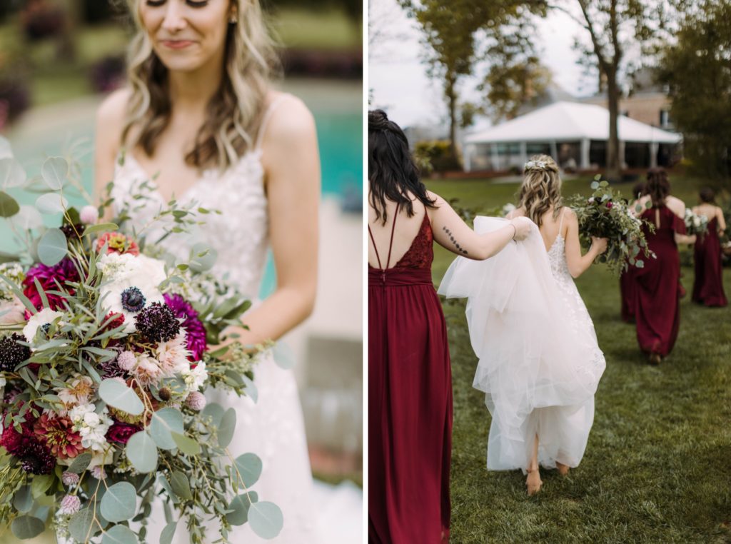 bridesmaids help with brides dress 