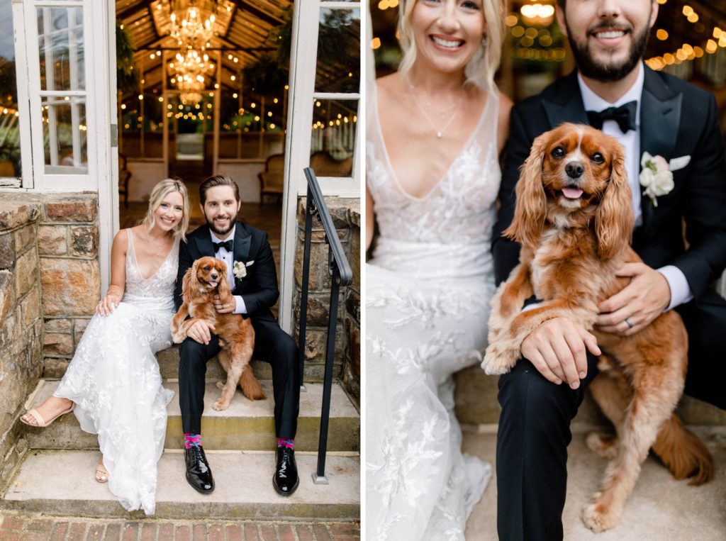 couple pose with dog for wedding photos at intimate wedding 