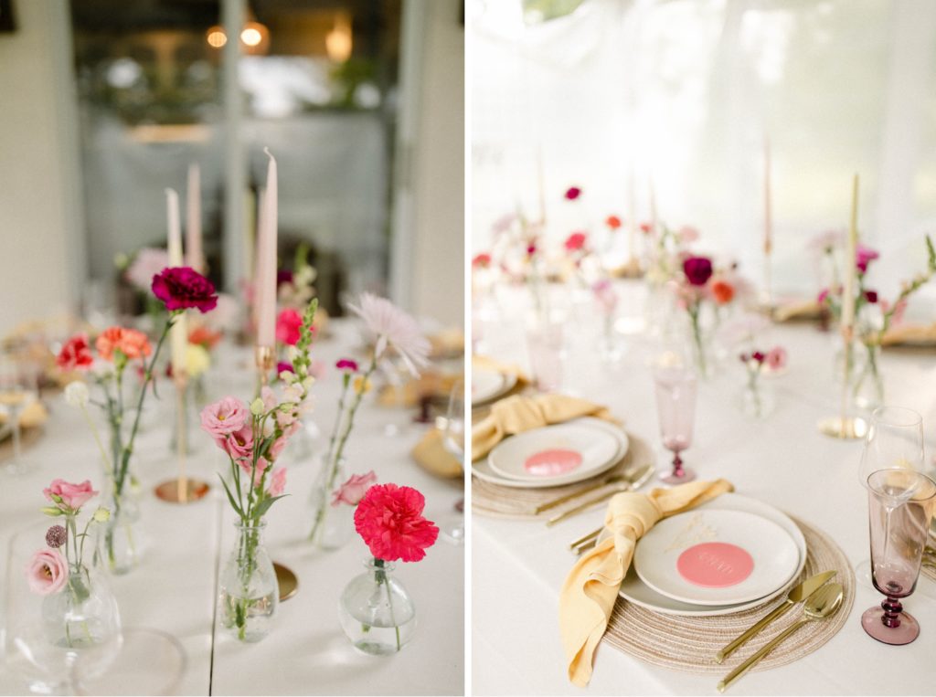 bright flowers on table at intimate wedding 