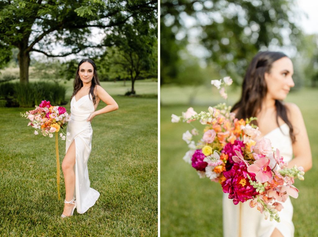 bride posing and holding bouquet at intimate wedding