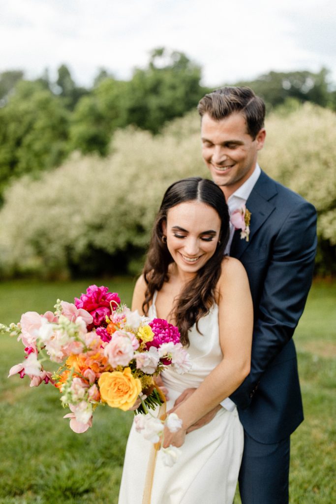 bright and colorful wedding flowers at intimate wedding
