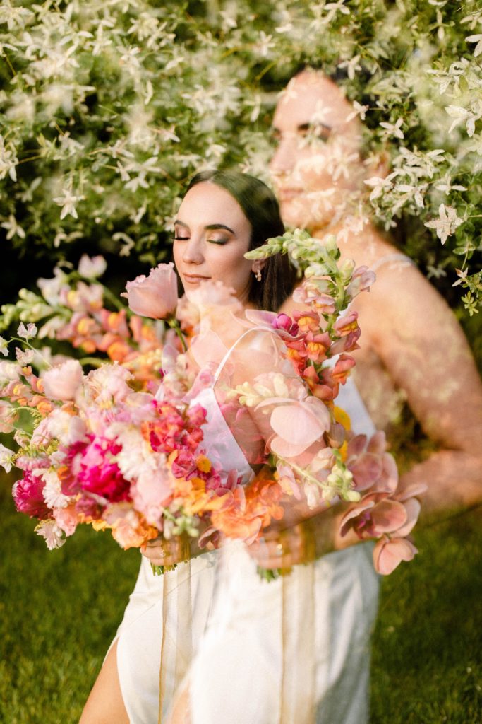 double exposure of bride and flowers