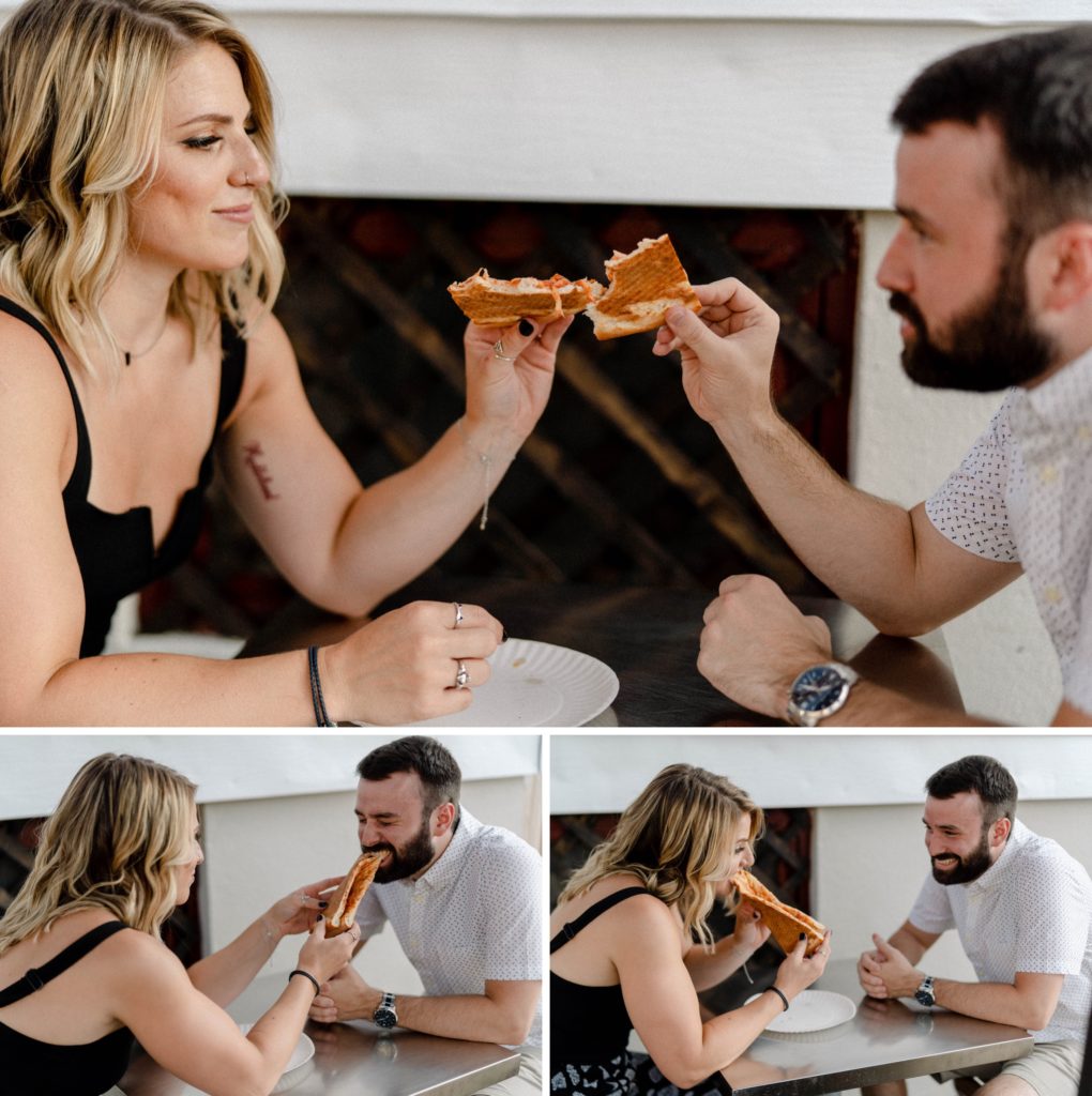 couple eating pizza in rutgers for engagement session