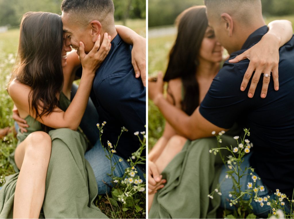 couple kissing in flower field for woodstock engagement session