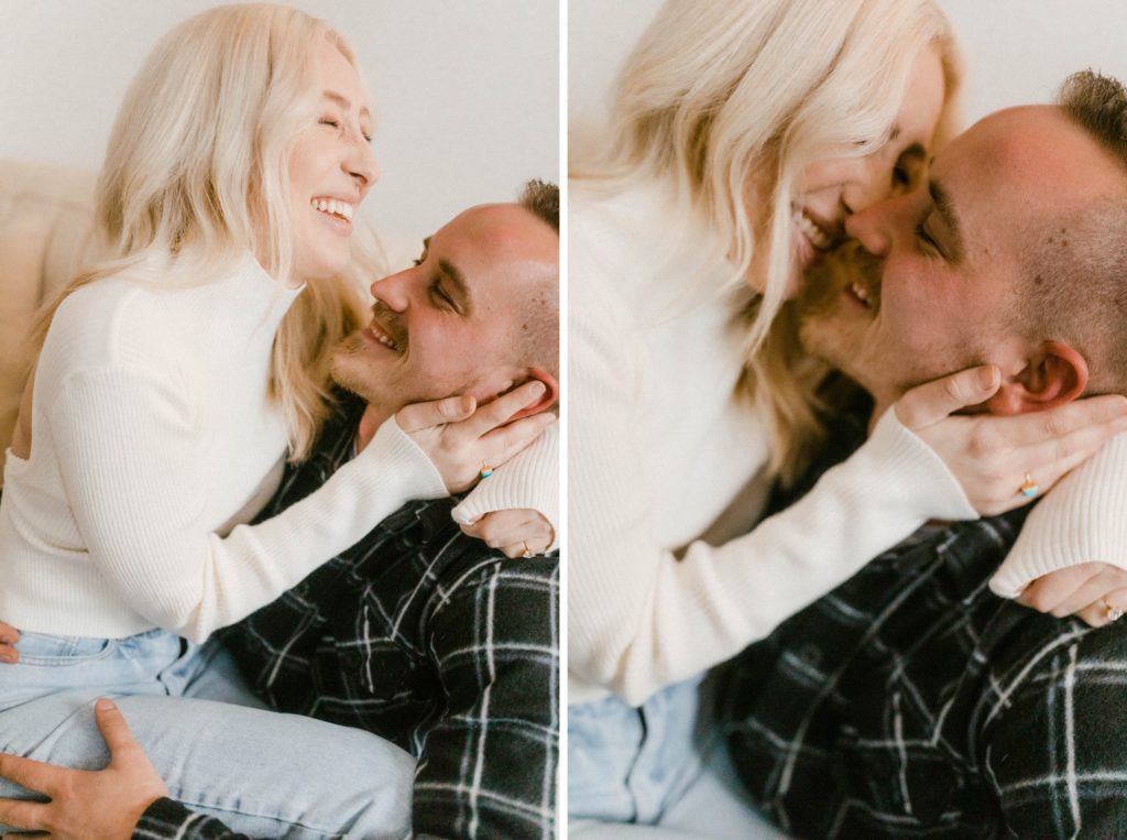 a couple kissing for in home engagement session 