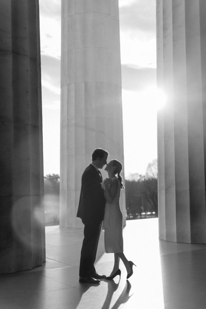 couple eloping at sunrise at lincoln memorial