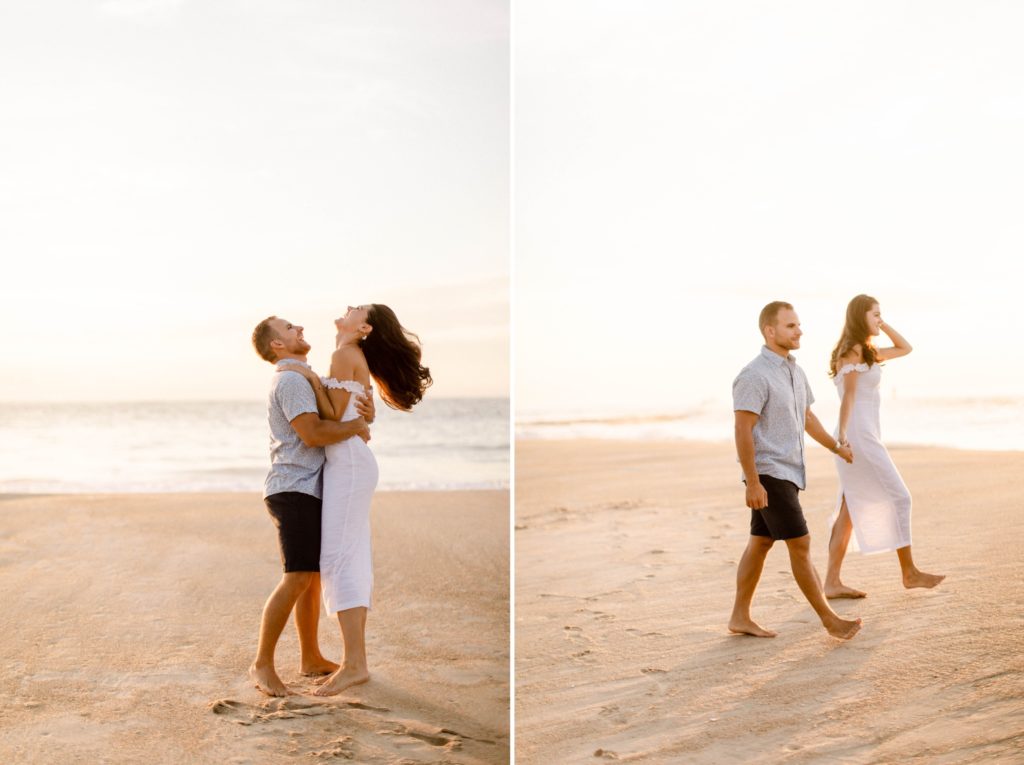 couple walking and laughing on beach for sunrise rehoboth beach engagement session