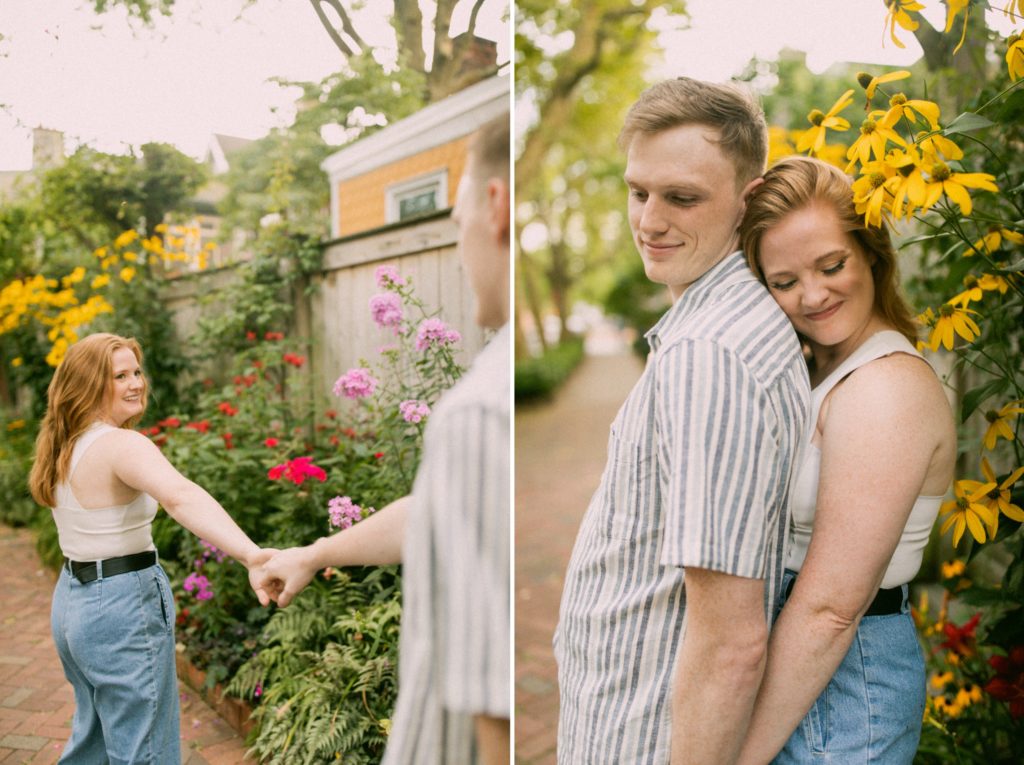 couple walking and smiling on sidewalk for romantic philadelphia couples session