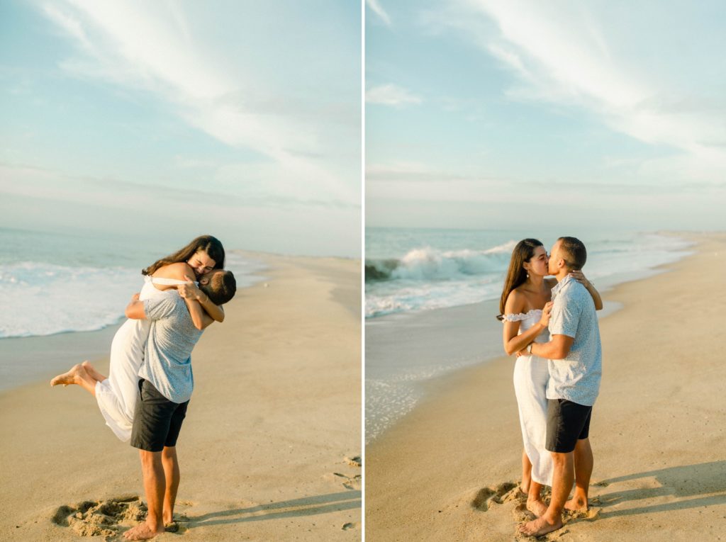 couple kissing and jumping on beach for sunrise rehoboth beach engagement session