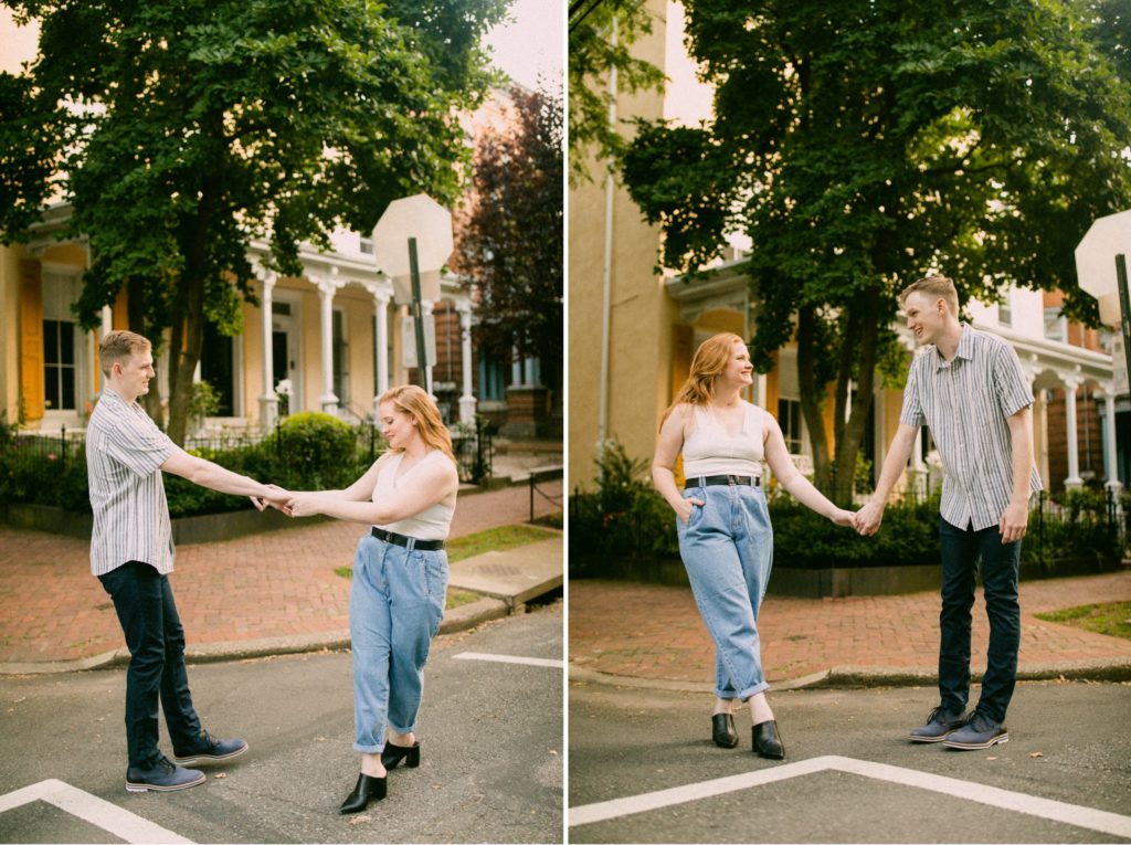 couple walking in street for romantic philadelphia couples session