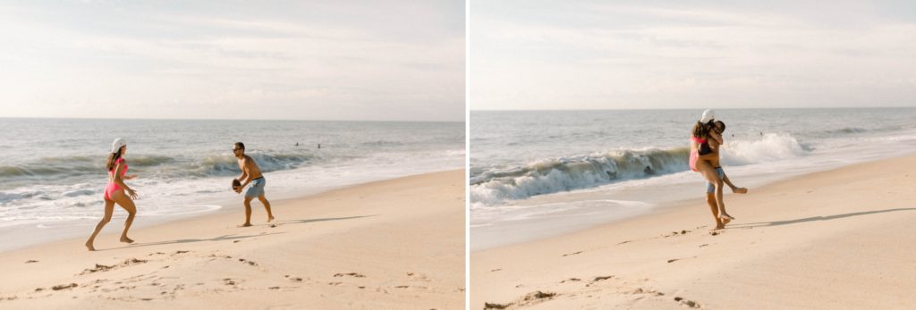 a couple plays football in bathing suits on beach for sunrise rehoboth beach engagement session