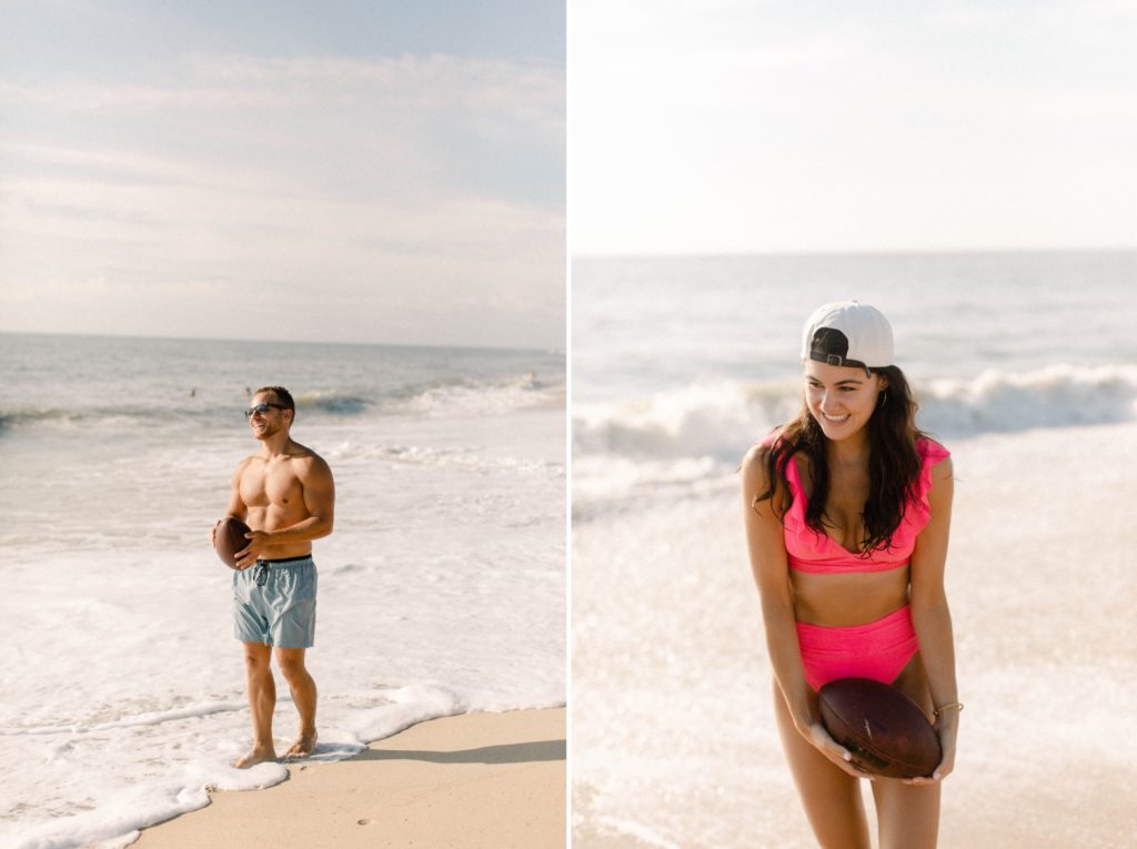 a couple plays football on beach in bathing suits for sunrise rehoboth beach engagement session