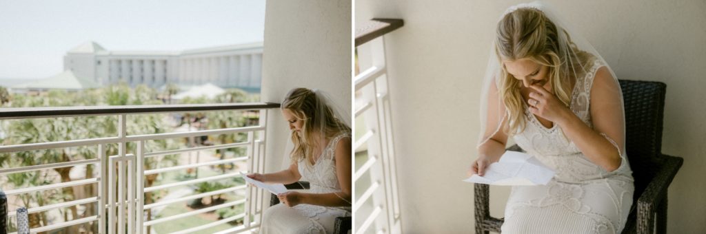 bride reading her letter from the groom at wedding 