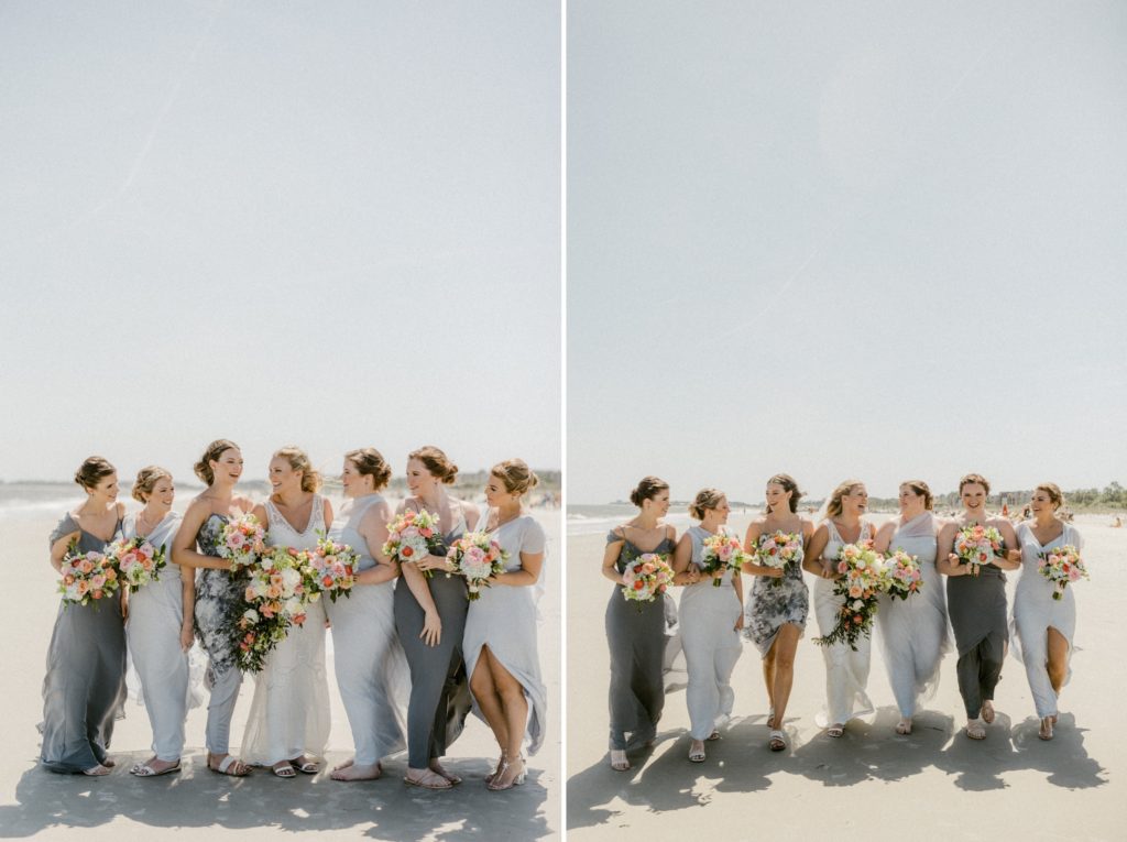 bridesmaids posing for wedding photos on beach for hilton head beach wedding
