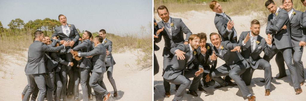 groomsmen pose for photos at hilton head beach wedding