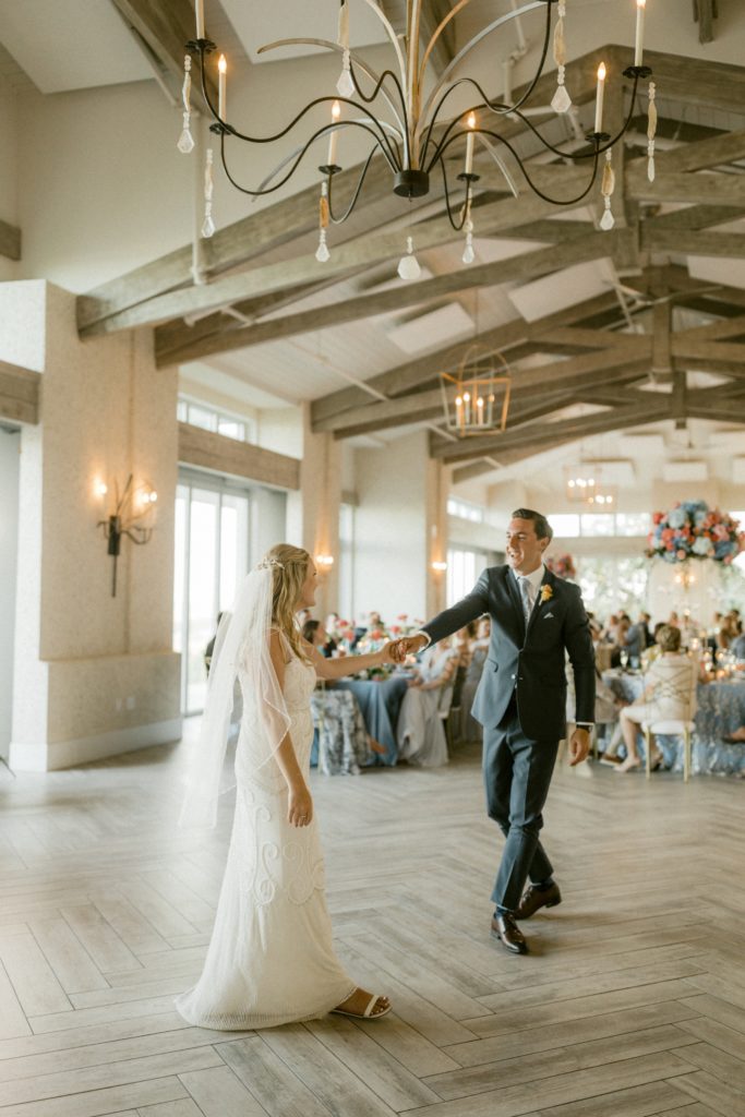 bride and groom dance for first dance at hilton head beach wedding 