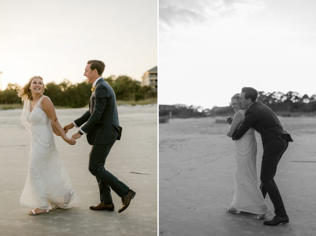 bride and groom walk along beach for wedding photos 