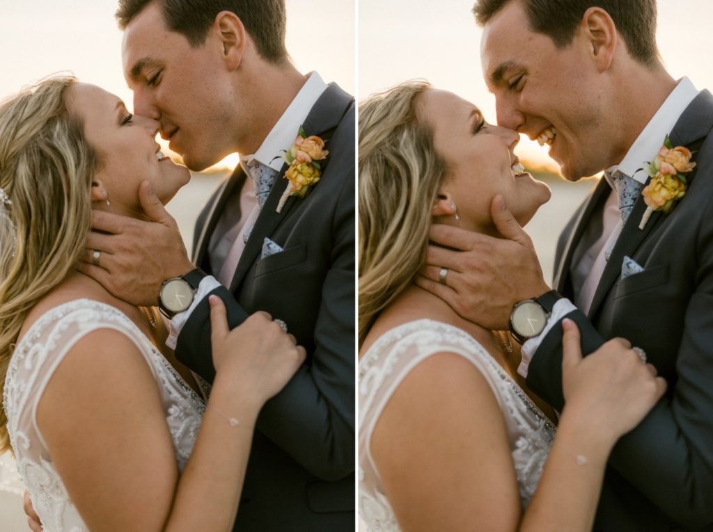 bride and groom kiss for wedding photos at hilton head beach wedding 