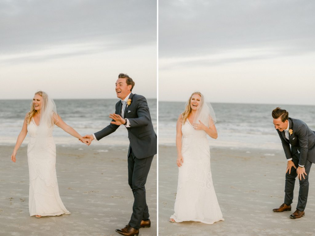 couple laughs during wedding photos at hilton head beach wedding 