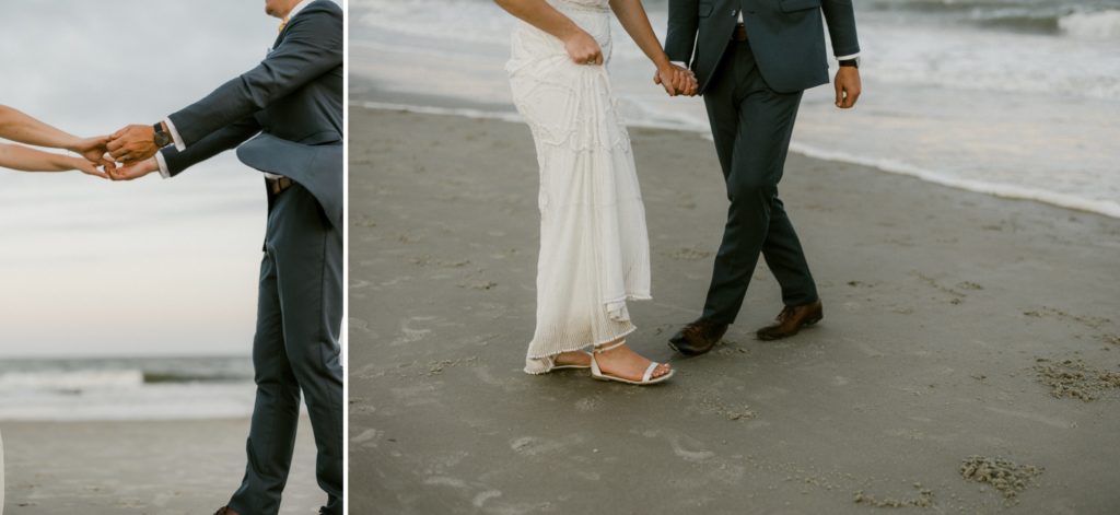 bride and groom walking on beach for hilton head beach wedding 