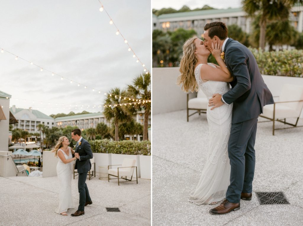 couple kiss and dance outside of the westin hotel for hilton head beach wedding 
