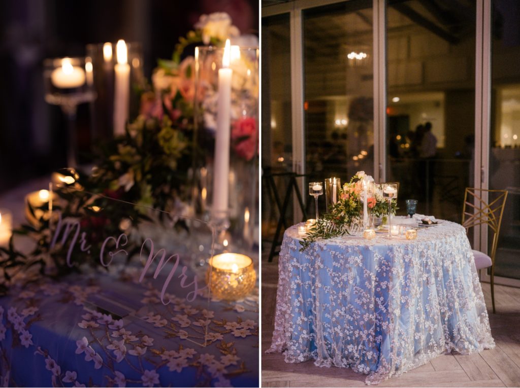 wedding reception decor at night at hilton head beach wedding 