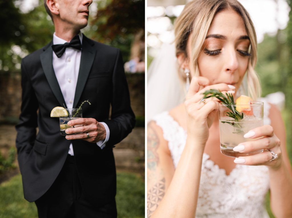 bride and groom drink cocktails