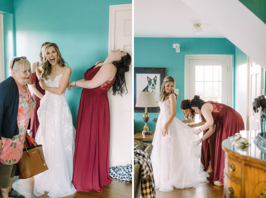 bride getting ready laughing with bridesmaids 