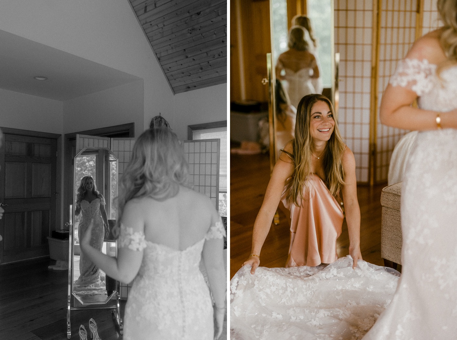 bride putting on wedding dress in front of mirror