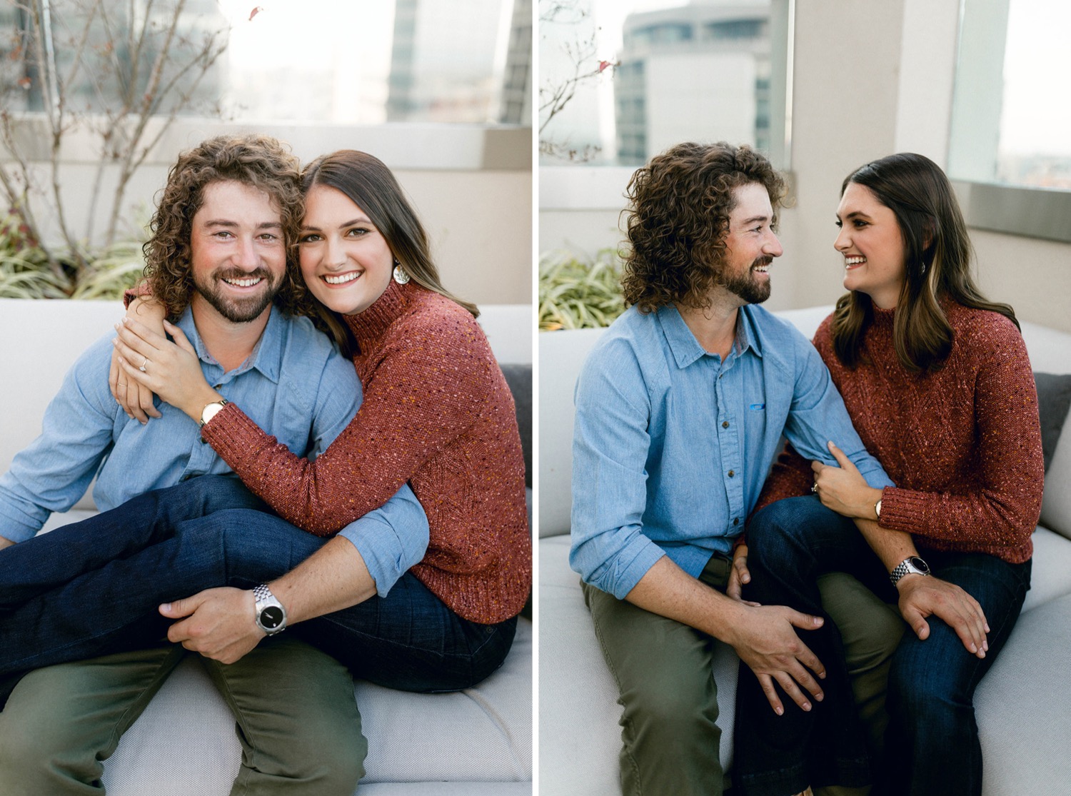 fall engagement session with a city view