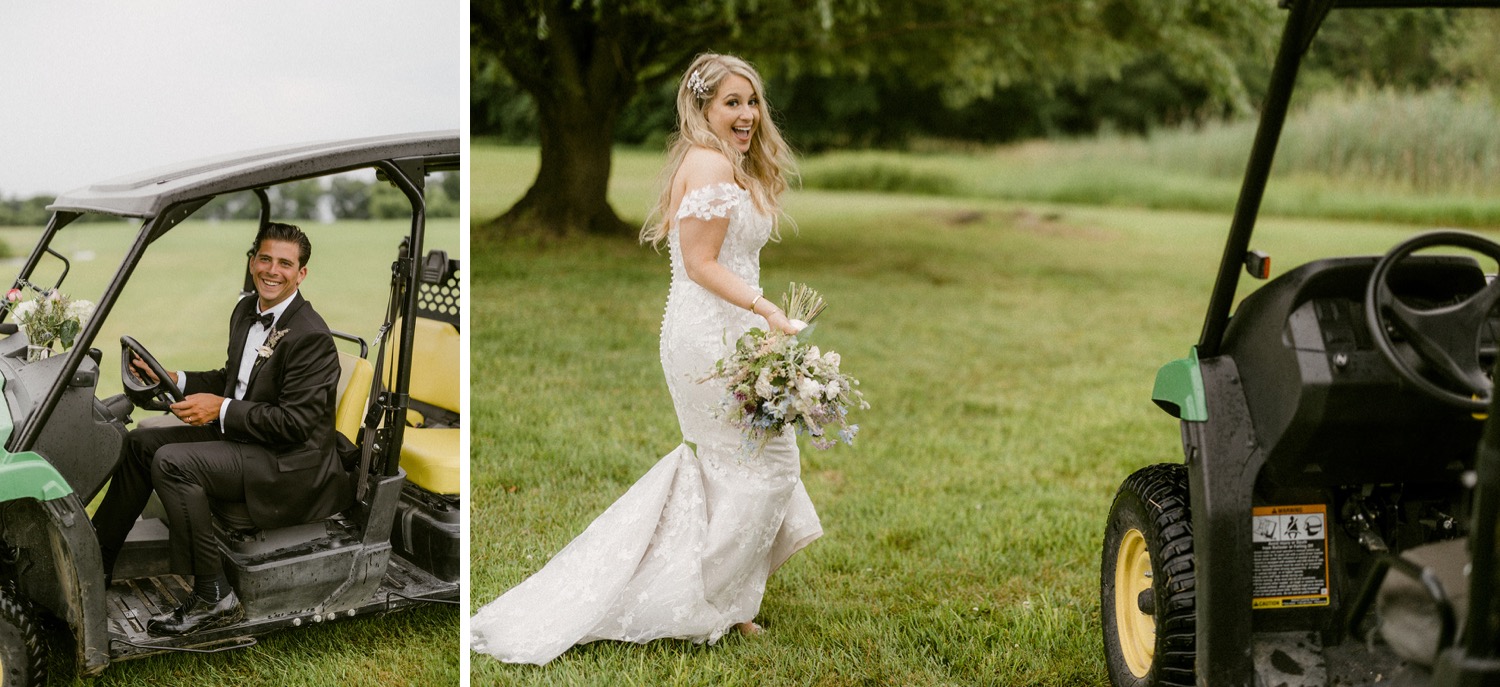 groom and bride golf cart at wedding