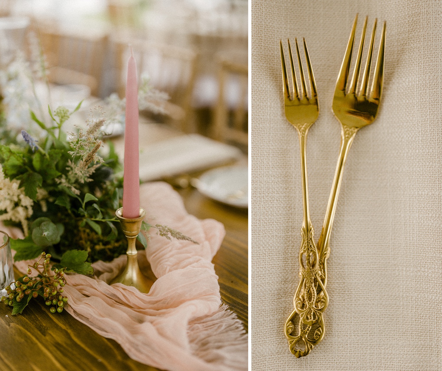 wedding reception details pink candle gold silverware
