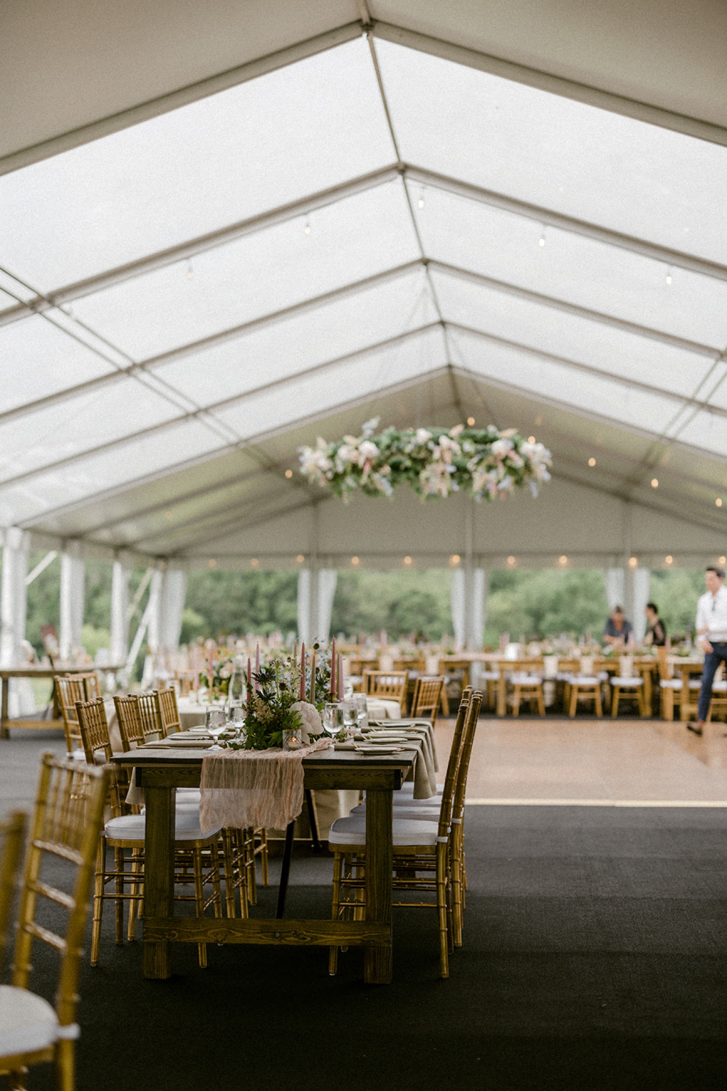 wedding reception details white tent classic colors