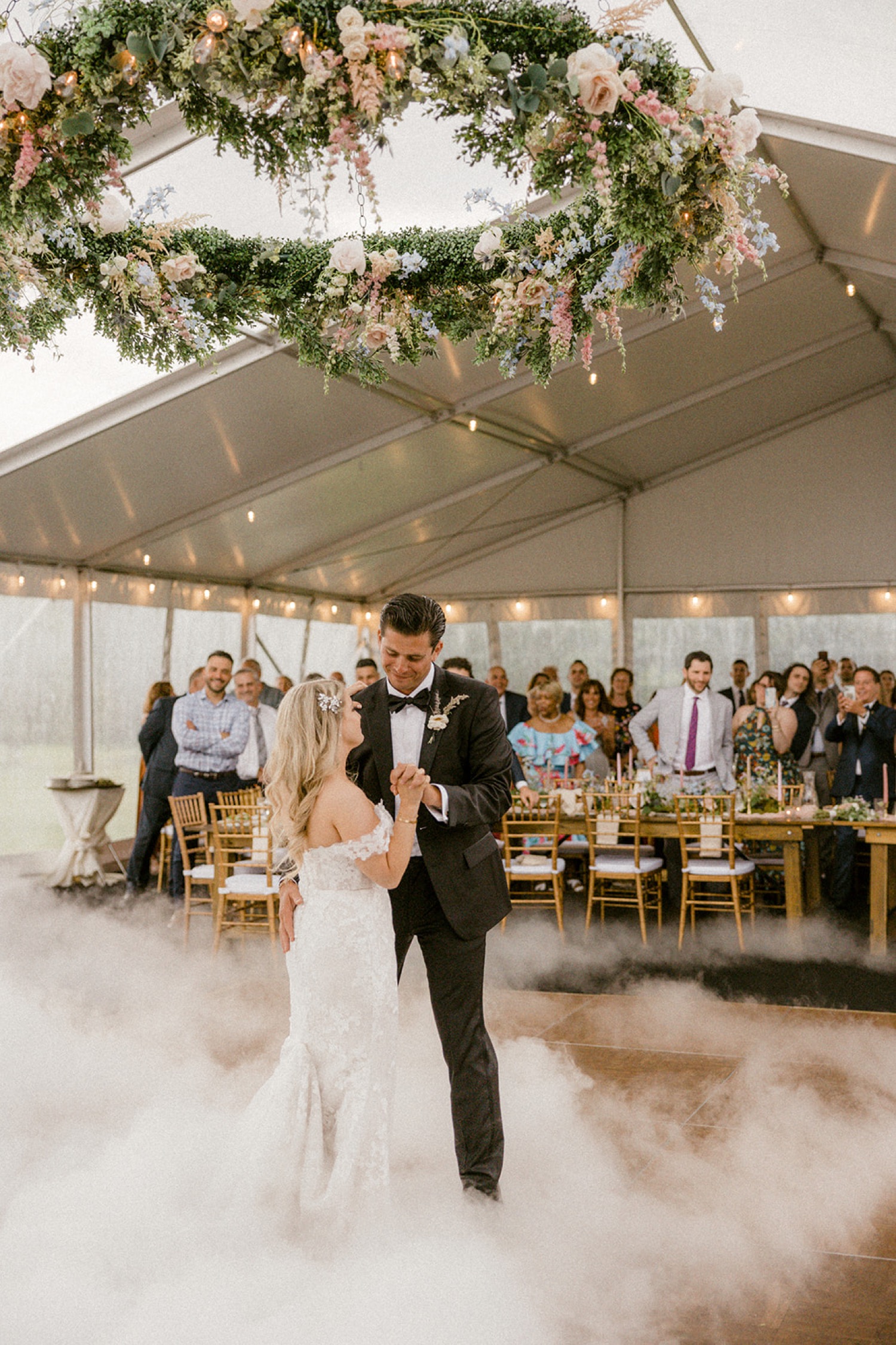 bride and groom first dance wedding reception smoke