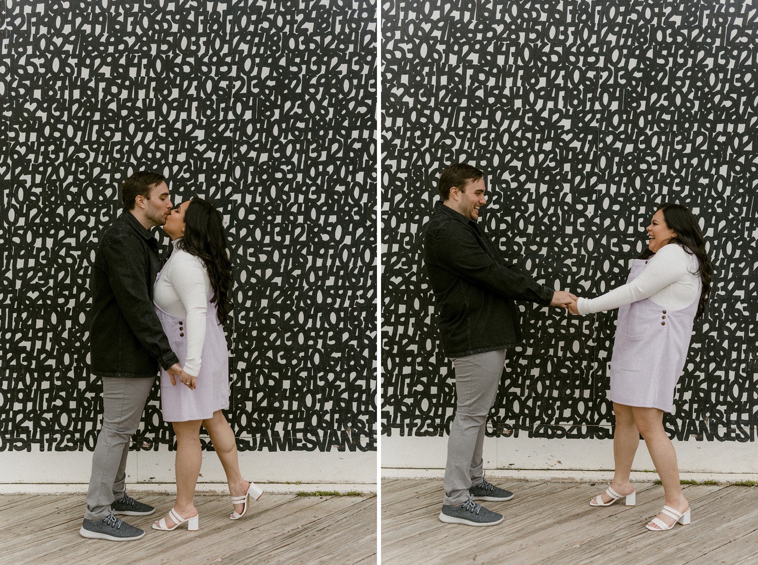 couple kissing and holding hands in front of black and white numbers mural