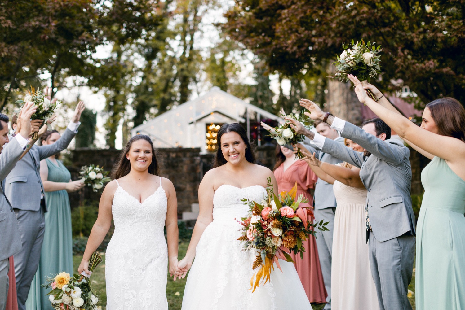fall brides with greenhouse in background