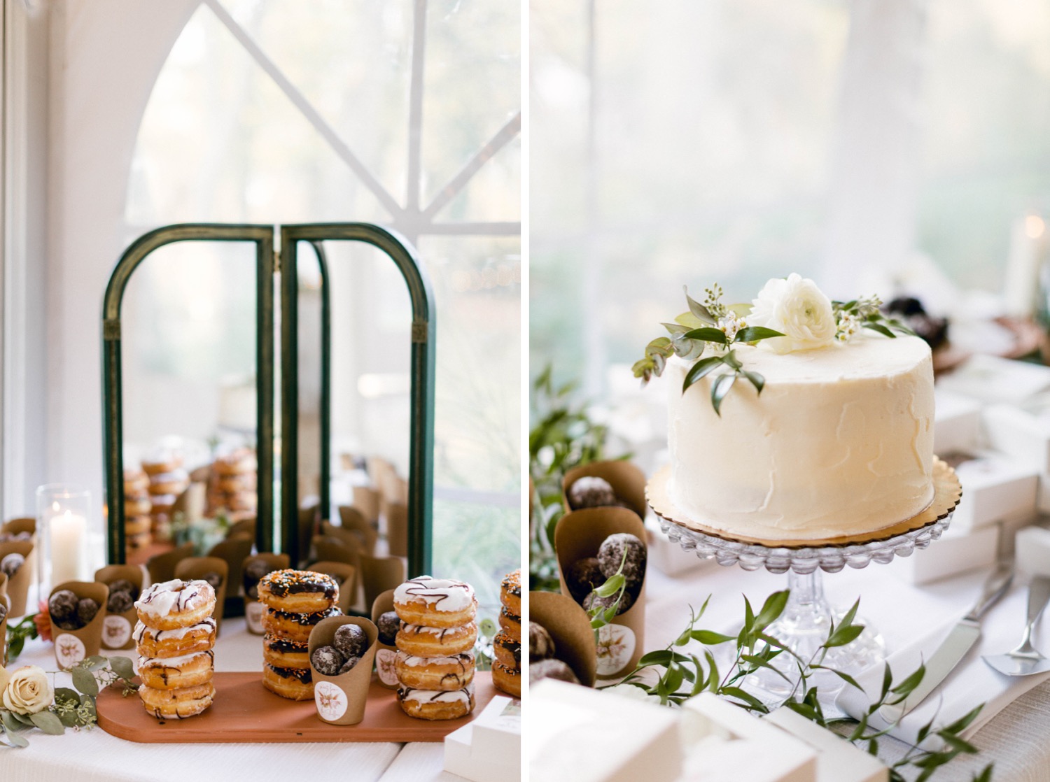 wedding dessert table and white wedding cake