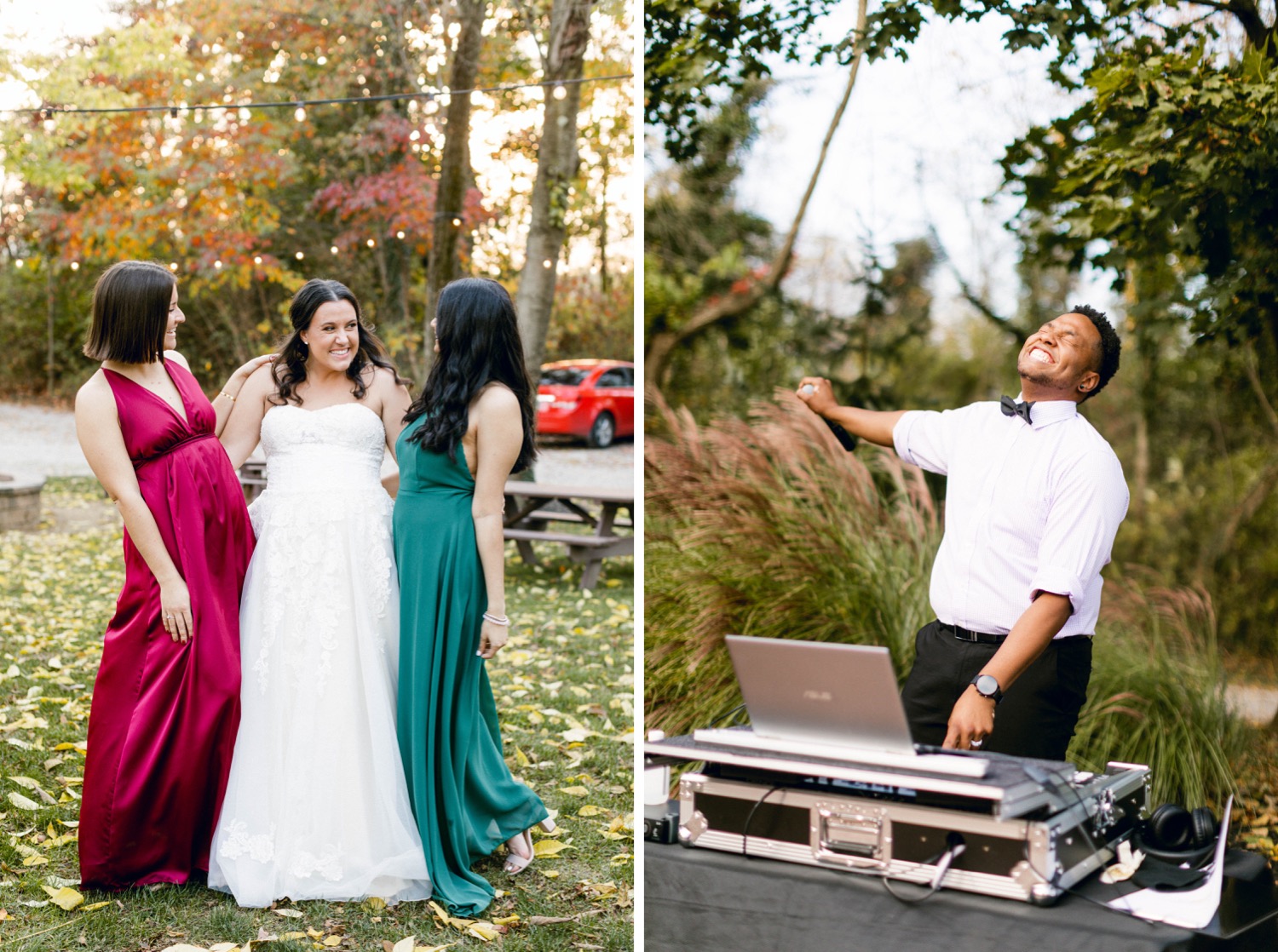 bride with friends and dj outdoor fall wedding