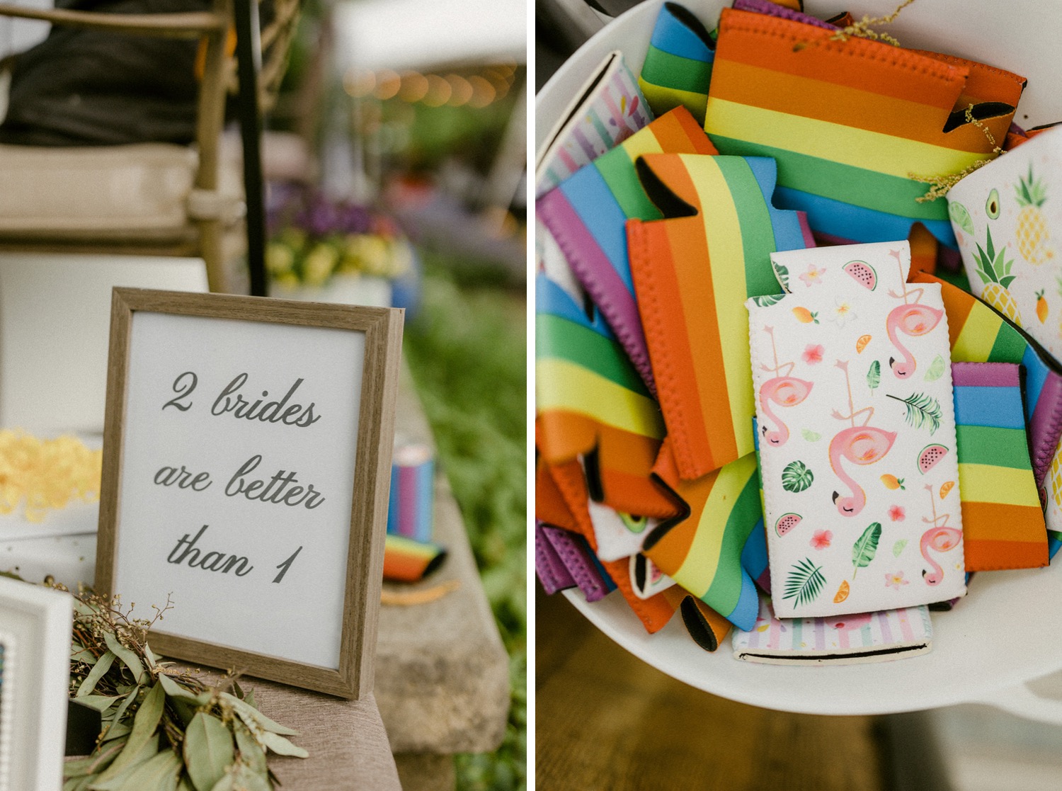 2 brides are better than 1 sign and rainbow beer coozies rustic backyard wedding