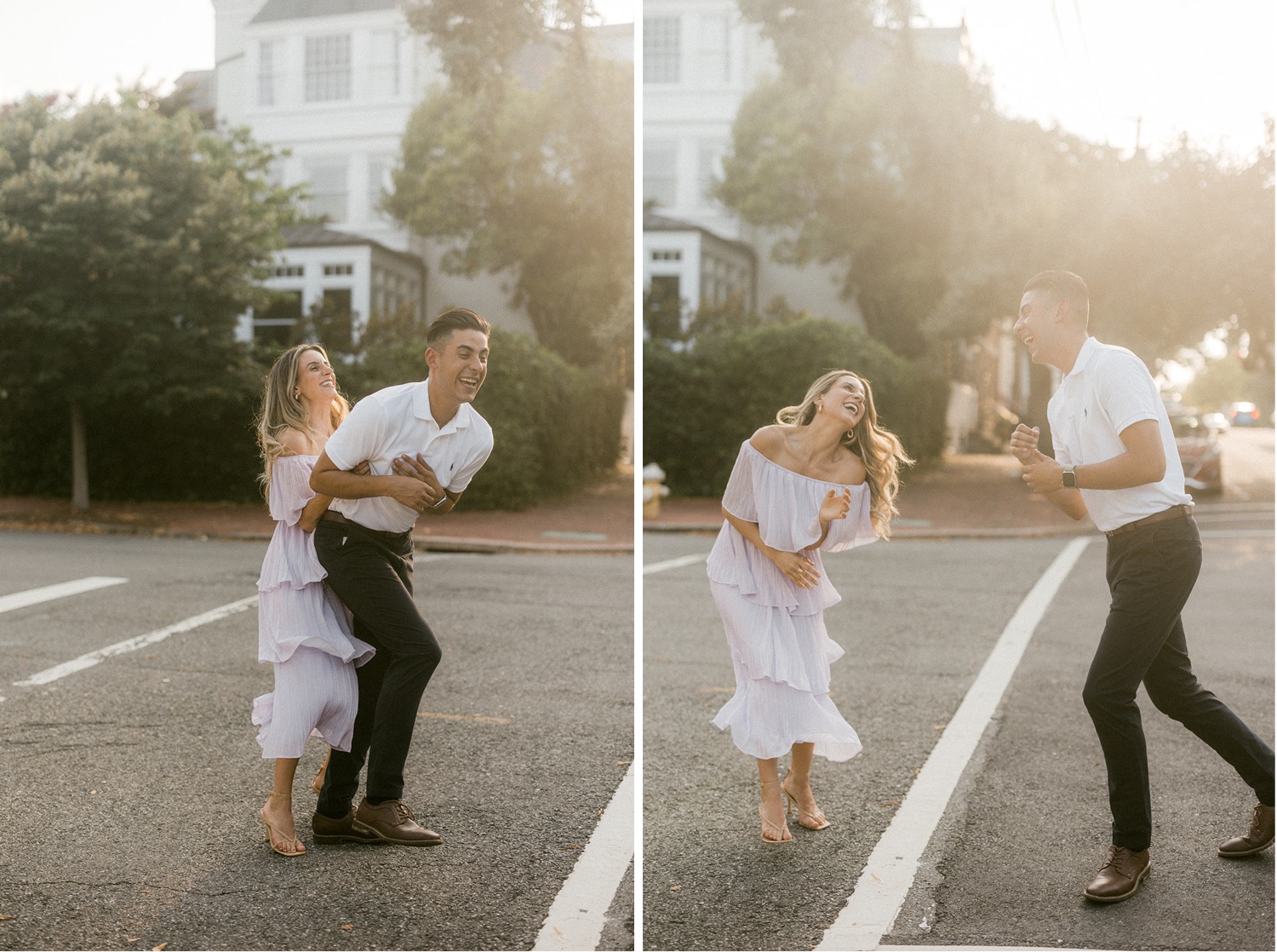 couple chasing and tickling in parking lot engagement session
